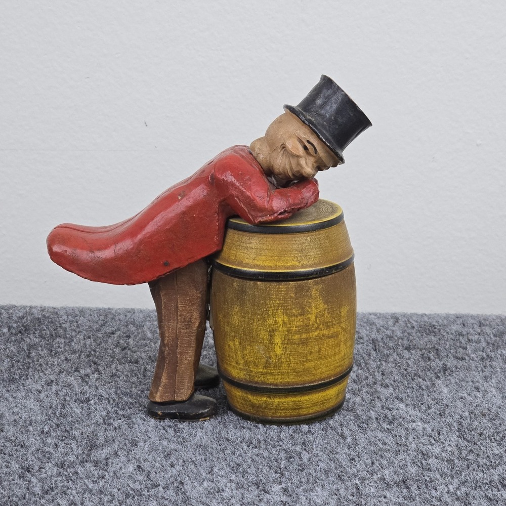 Vintage Mid Century Wood Figural Man Barrel Trinket Box Folk Art